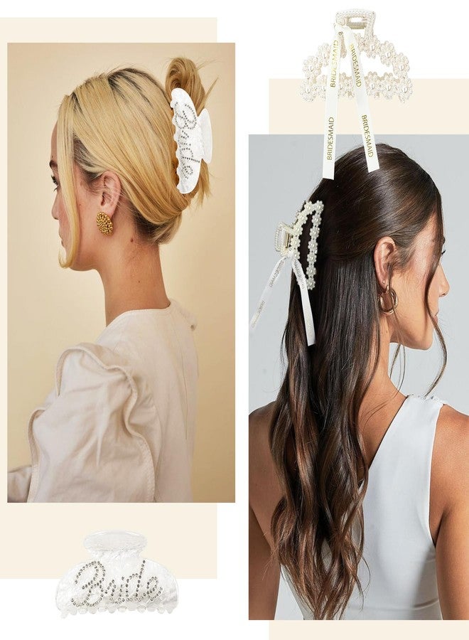 FEINIGESI 9 Pcs Pearl Bridesmaid Hair Claw Clips With Ribbon and 1Pack Acrylic Bride Claw Hair Clip With Rhinestone Bride Logo Set,Bachelorette Bridal Party Favors Present Bridesmaid Proposal Gifts - Image 5